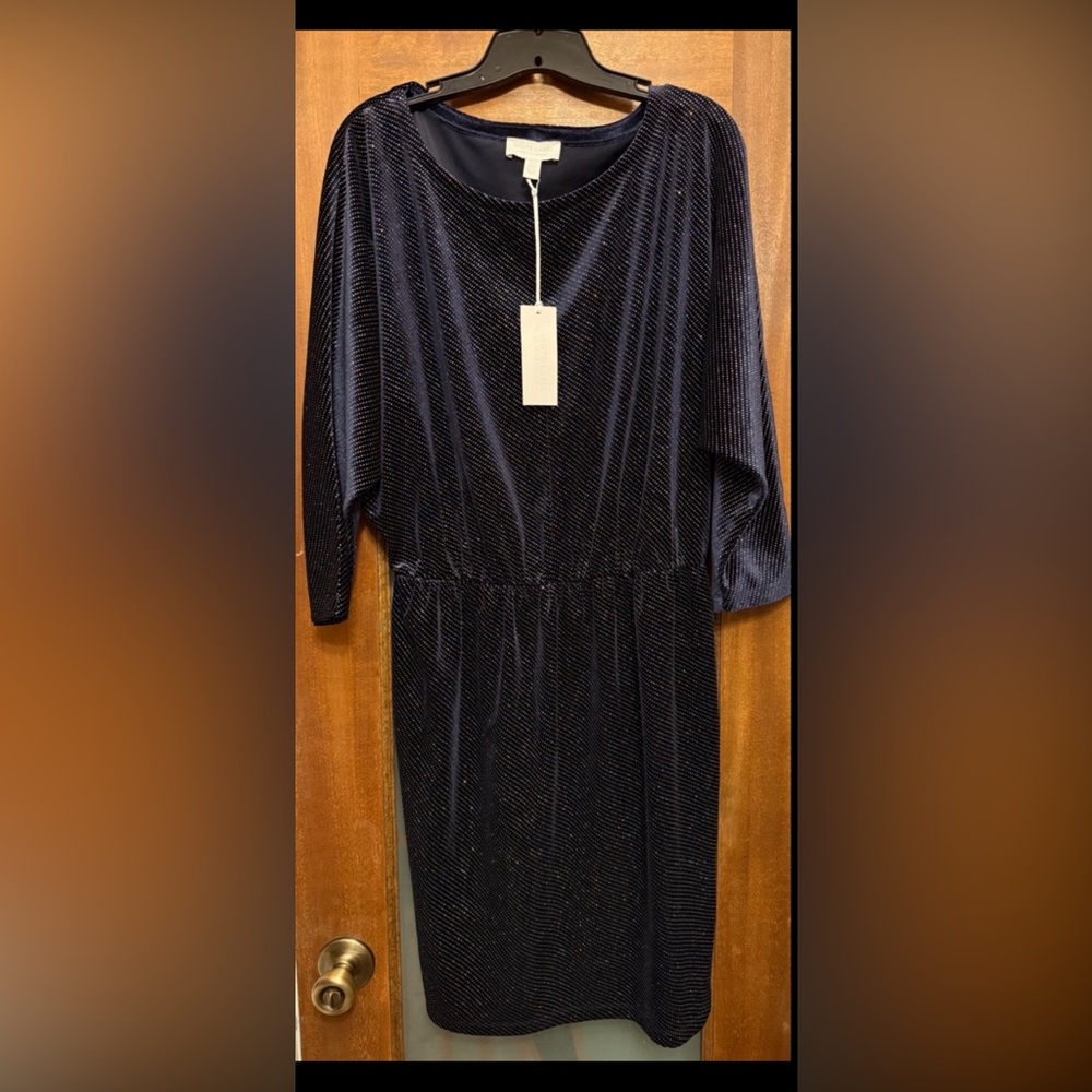 The White Company London Navy Velvet Sparkle Bat Wing Boat Neck 3/4 Dress